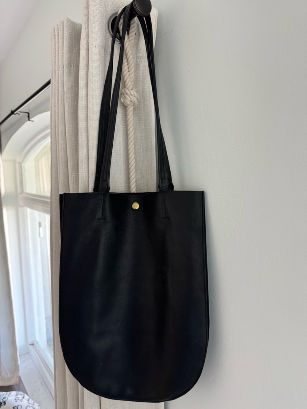 Classic Black Leather Tote with Gold Snap